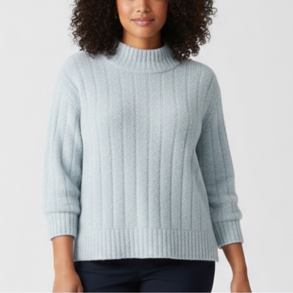 Eileen Fisher Blue‎ Ribbed Mock Neck Sweater Cashmere